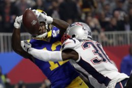 New England Patriots' Jason McCourty (30) breaks up a pass in the end zone intended for Los Angeles Rams' Brandin Cooks (12) during the second half of the NFL Super Bowl 53 football game Sunday, Feb. 3, 2019, in Atlanta. (AP Photo/Lynne Sladky)