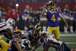 Los Angeles Rams' Greg Zuerlein (4) watches as he scores a field goal against the New England Patriots during the second half of the NFL Super Bowl 53 football game Sunday, Feb. 3, 2019, in Atlanta. (AP Photo/Matt Rourke)
