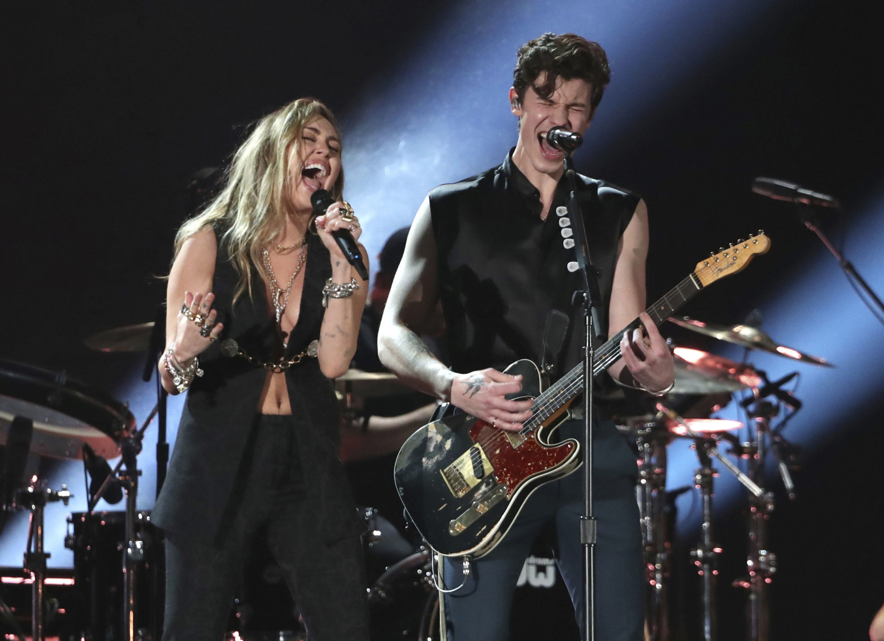 Miley Cyrus, left, and Shawn Mendes perform "In My Blood" at the 61st annual Grammy Awards on Sunday, Feb. 10, 2019, in Los Angeles. (Photo by Matt Sayles/Invision/AP)