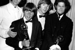 FILE - This June 4, 1967 file photo shows The Monkees posing with their Emmy award at the 19th Annual Primetime Emmy Awards in Calif. The group members are, from left to right, Mike Nesmith, Davy Jones, Peter Tork, and Micky Dolenz. Jones died Wednesday Feb. 29, 2012 in Florida. He was 66. Jones rose to fame in 1965 when he joined The Monkees, a British popular rock group formed for a television show. Jones sang lead vocals on songs like "I Wanna Be Free" and "Daydream Believer."     (AP Photo, File)