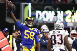 ATLANTA, GA - FEBRUARY 03:  Cory Littleton #58 of the Los Angeles Rams celebrates his interception in the first quarter of the Super Bowl LIII against the New England Patriots at Mercedes-Benz Stadium on February 3, 2019 in Atlanta, Georgia.  (Photo by Jamie Squire/Getty Images)