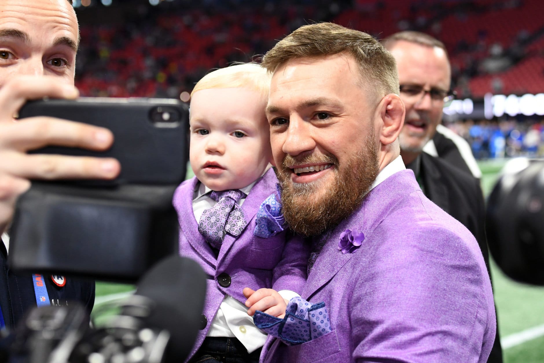 ATLANTA, GA - FEBRUARY 03:  Conor Jack McGregor Jr. (L) and Conor McGregor attend the Super Bowl LIII Pregame at Mercedes-Benz Stadium on February 3, 2019 in Atlanta, Georgia.  (Photo by Kevin Winter/Getty Images)