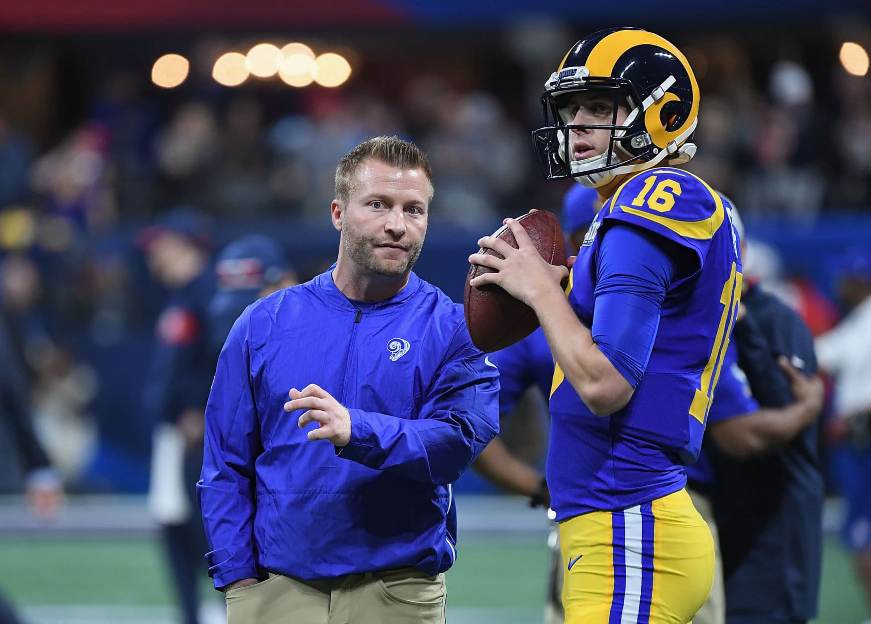 ATLANTA, GA - FEBRUARY 03:  Head Coach Sean McVay of the Los Angeles Rams speaks to Jared Goff #16 of the Los Angeles Rams during Super Bowl LIII against the New England Patriots at Mercedes-Benz Stadium on February 3, 2019 in Atlanta, Georgia.  (Photo by Harry How/Getty Images)