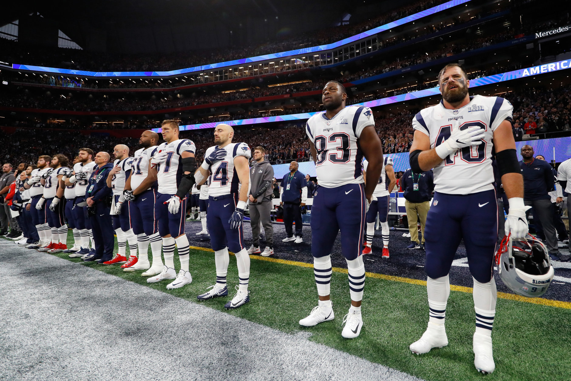 ATLANTA, GA - FEBRUARY 03: The New England Patriots look on during the singing of the National Anthem during Super Bowl LIII at Mercedes-Benz Stadium on February 3, 2019 in Atlanta, Georgia.  (Photo by Kevin C. Cox/Getty Images)