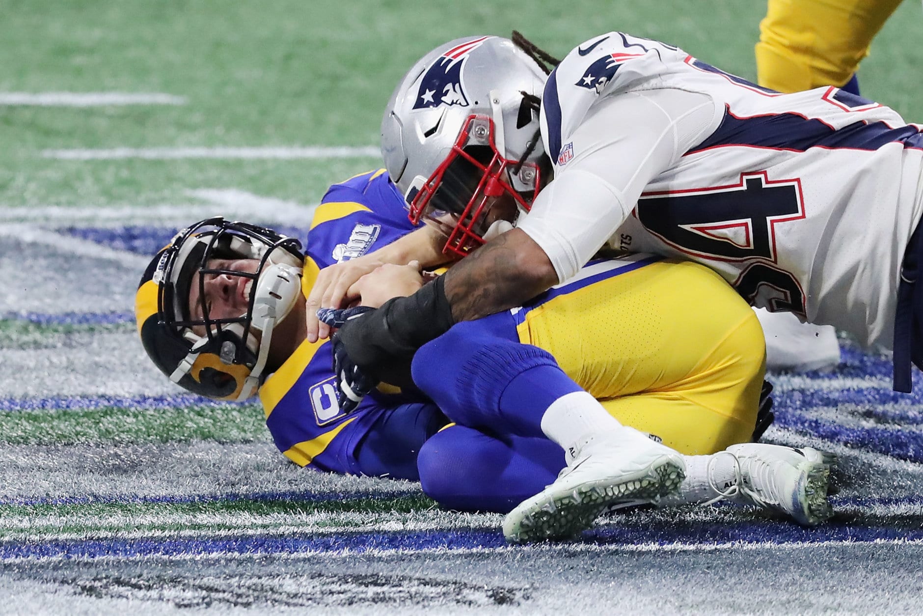ATLANTA, GA - FEBRUARY 03:  Dont'a Hightower #54 of the New England Patriots sacks Jared Goff #16 of the Los Angeles Rams in the first half during Super Bowl LIII at Mercedes-Benz Stadium on February 3, 2019 in Atlanta, Georgia.  (Photo by Elsa/Getty Images)