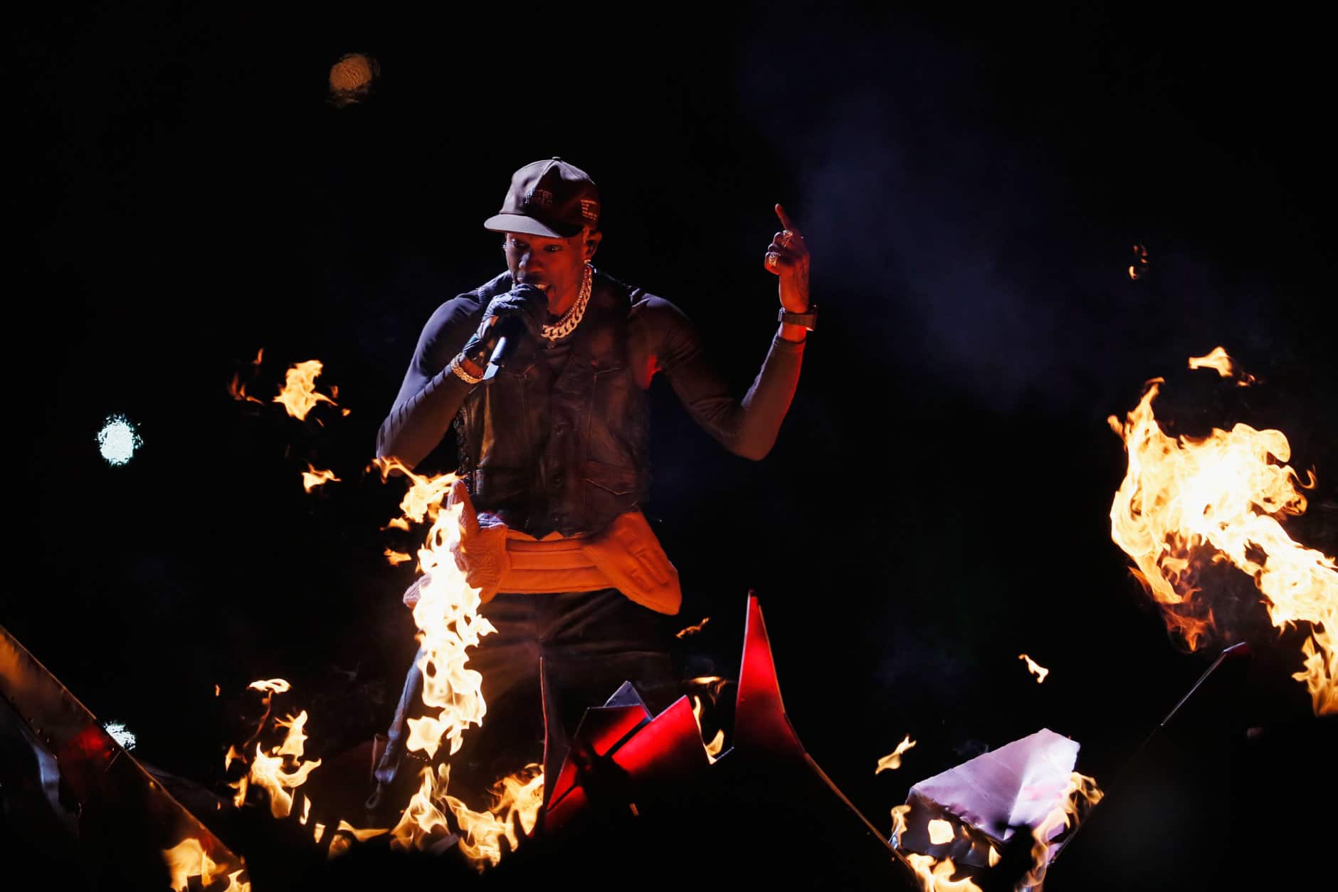 ATLANTA, GA - FEBRUARY 03:  Travis Scott performs during the Pepsi Super Bowl LIII Halftime Show at Mercedes-Benz Stadium on February 3, 2019 in Atlanta, Georgia.  (Photo by Kevin C. Cox/Getty Images)