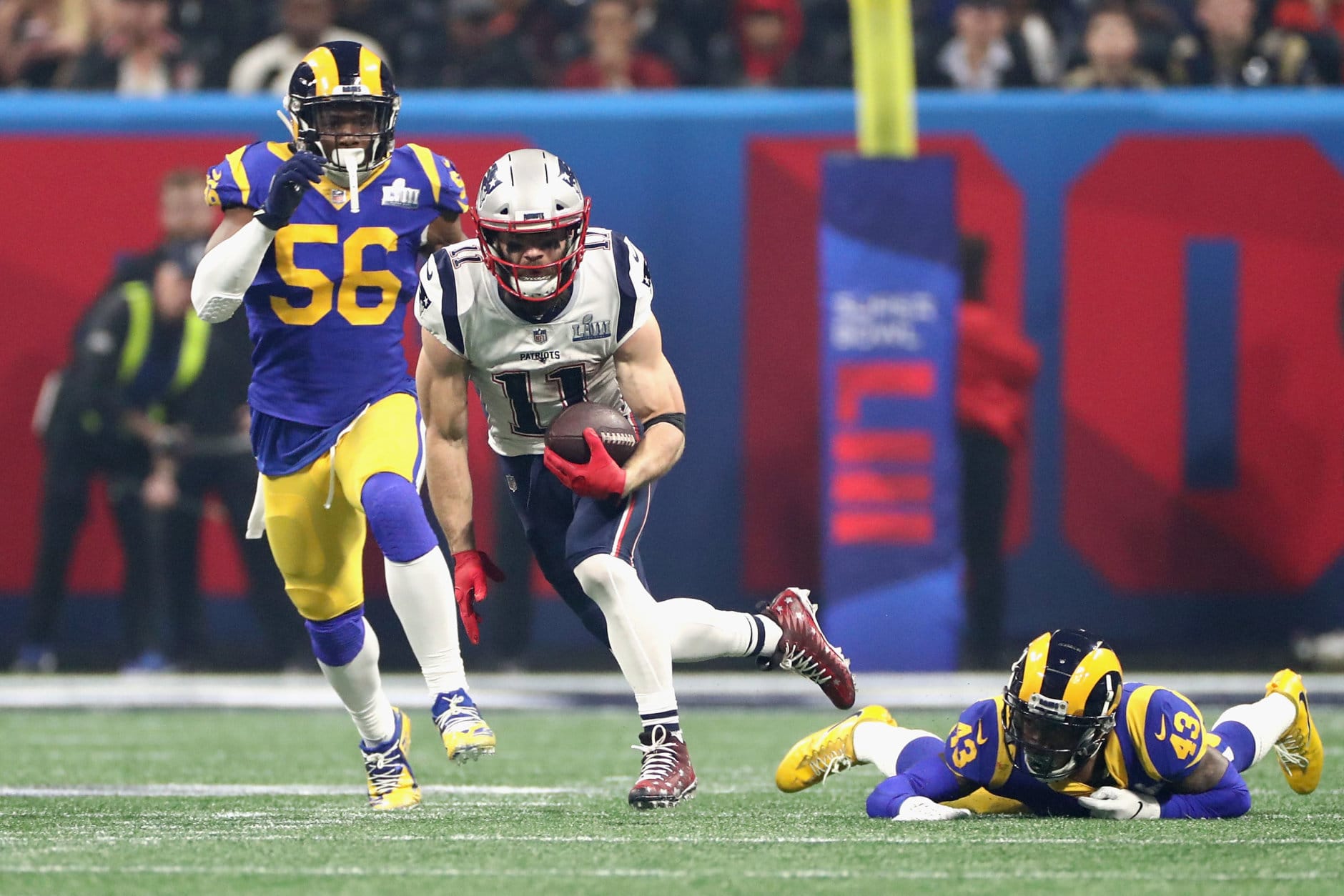 ATLANTA, GA - FEBRUARY 03: Julian Edelman #11 of the New England Patriots runs with the ball against the Los Angeles Rams in the second half during Super Bowl LIII at Mercedes-Benz Stadium on February 3, 2019 in Atlanta, Georgia.  (Photo by Jamie Squire/Getty Images)