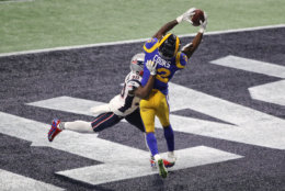 ATLANTA, GA - FEBRUARY 03:  Brandin Cooks #12 of the Los Angeles Rams drops a pass in the endzone as he is defended by Jason McCourty #30 of the New England Patriots in the second half during Super Bowl LIII at Mercedes-Benz Stadium on February 3, 2019 in Atlanta, Georgia.  (Photo by Elsa/Getty Images)