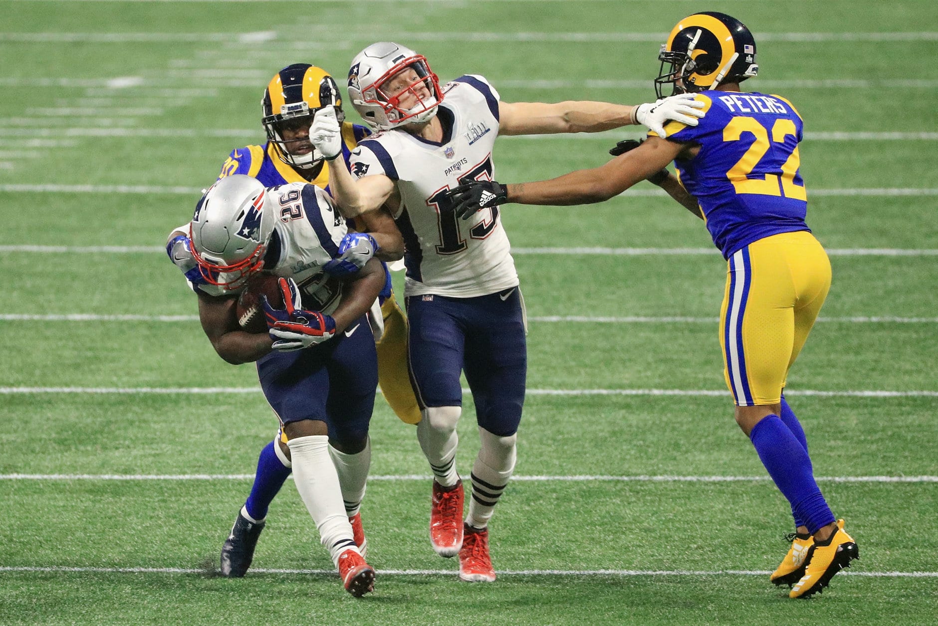 ATLANTA, GA - FEBRUARY 03: Sony Michel #26 of the New England Patriots runs the ball against the Los Angeles Rams in the second half during Super Bowl LIII at Mercedes-Benz Stadium on February 3, 2019 in Atlanta, Georgia.  (Photo by Mike Ehrmann/Getty Images)