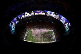 ATLANTA, GA - FEBRUARY 03:  A general view as the the New England Patriots celebrate their 13 to 3 win over the the Los Angeles Rams in Super Bowl LIII at Mercedes-Benz Stadium on February 3, 2019 in Atlanta, Georgia.  (Photo by Kevin C. Cox/Getty Images)