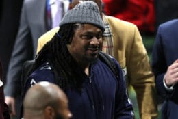 ATLANTA, GEORGIA - FEBRUARY 03:  Marshawn Lynch of the Oakland Raiders arrives prior to Super Bowl LIII between the New England Patriots and the Los Angeles Rams at Mercedes-Benz Stadium on February 03, 2019 in Atlanta, Georgia. (Photo by Patrick Smith/Getty Images)