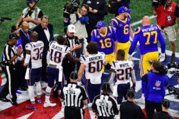 ATLANTA, GEORGIA - FEBRUARY 03: Los Angeles Rams and New England Patriots meet at mid field for the coin toss prior to Super Bowl LIII at Mercedes-Benz Stadium on February 03, 2019 in Atlanta, Georgia. (Photo by Scott Cunningham/Getty Images)
