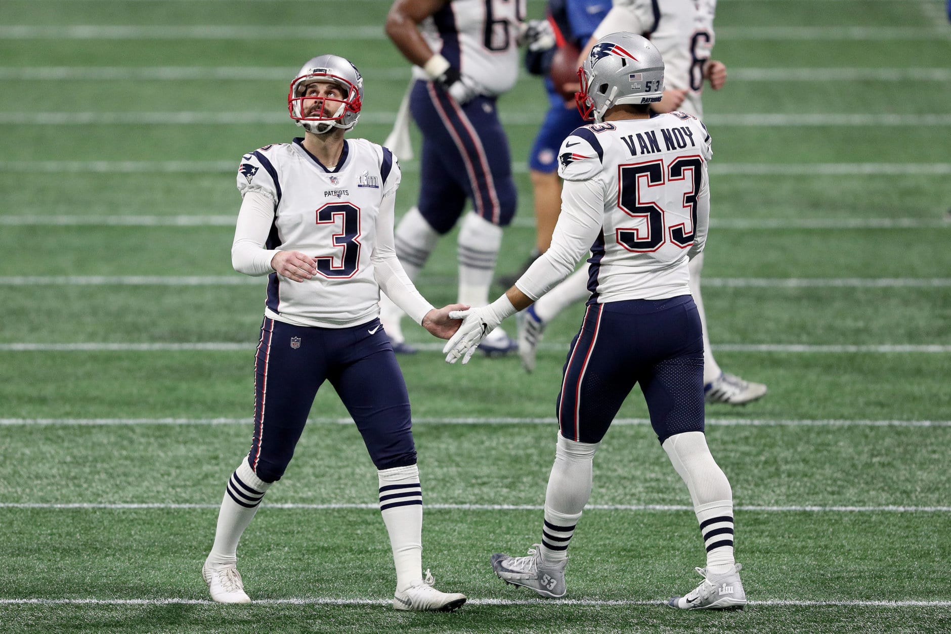 ATLANTA, GEORGIA - FEBRUARY 03:  Kyle Van Noy #53 congratulates Stephen Gostkowski #3 of the New England Patriots after his second quarter field goal against the Los Angeles Rams during Super Bowl LIII at Mercedes-Benz Stadium on February 03, 2019 in Atlanta, Georgia. (Photo by Patrick Smith/Getty Images)