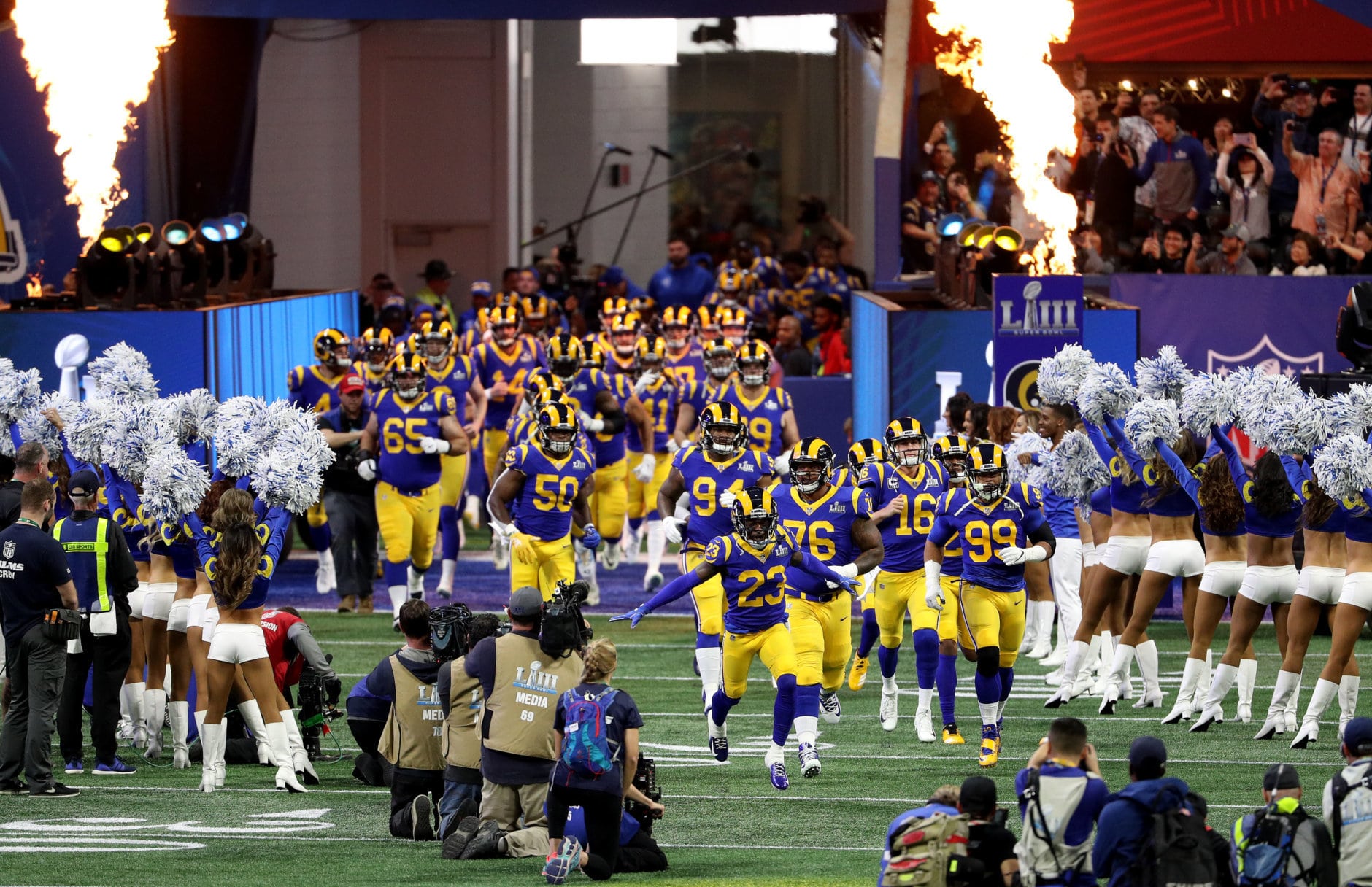 ATLANTA, GEORGIA - FEBRUARY 03:  The Los Angeles Rams take the field prior to Super Bowl LIII against the New England Patriots at Mercedes-Benz Stadium on February 03, 2019 in Atlanta, Georgia. (Photo by Patrick Smith/Getty Images)