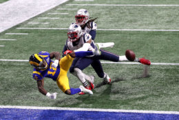 ATLANTA, GEORGIA - FEBRUARY 03:  Brandin Cooks #12 of the Los Angeles Rams misses a pass attempt against Duron Harmon #21 of the New England Patriots during the second half during Super Bowl LIII at Mercedes-Benz Stadium on February 03, 2019 in Atlanta, Georgia. (Photo by Streeter Lecka/Getty Images)