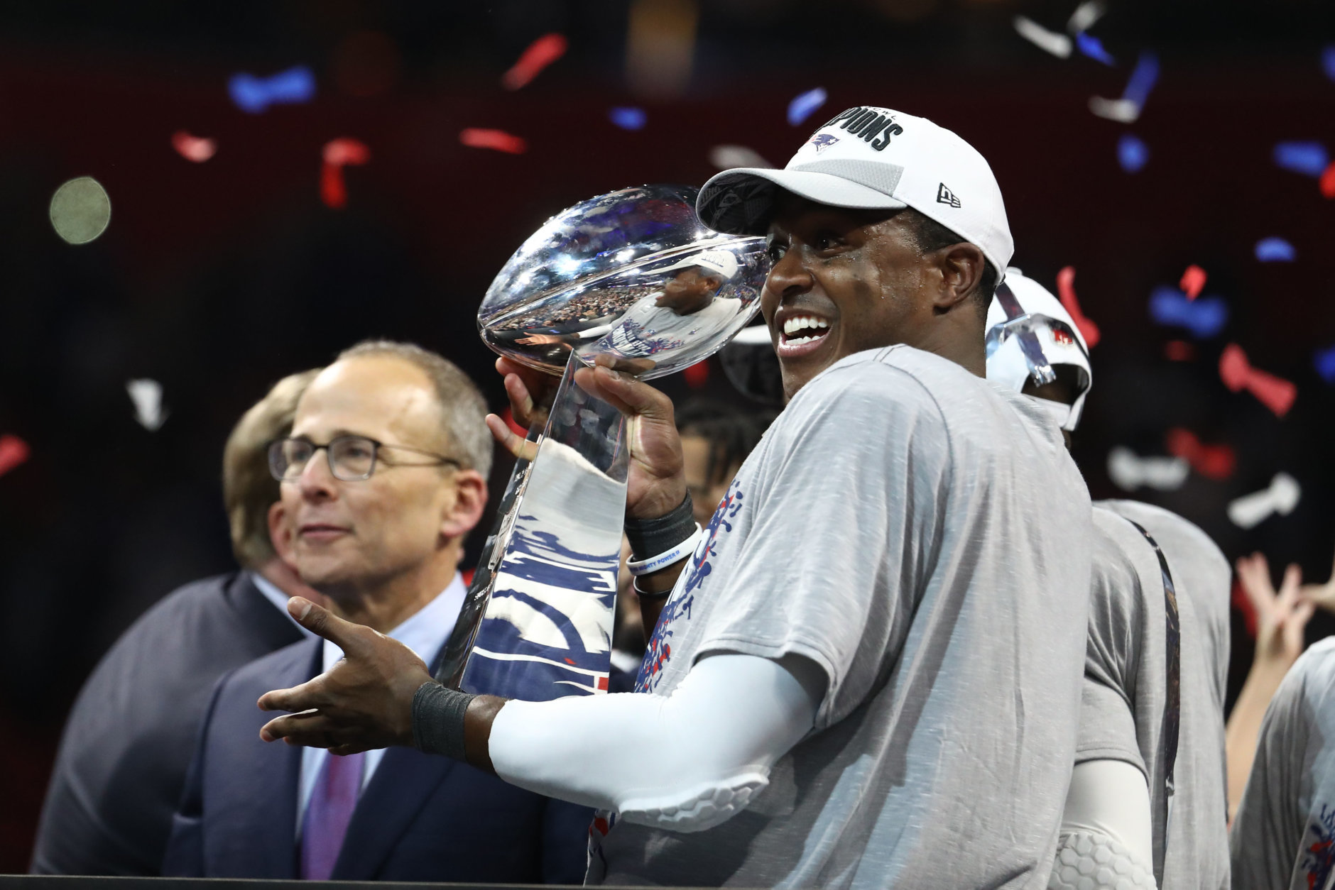 ATLANTA, GEORGIA - FEBRUARY 03:  Matthew Slater #18 of the New England Patriots celebrates with the Vince Lombardi Trophy after his teams 13-3 win over the Los Angeles Rams during Super Bowl LIII at Mercedes-Benz Stadium on February 03, 2019 in Atlanta, Georgia. (Photo by Al Bello/Getty Images)