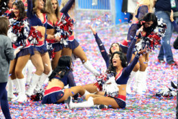 ATLANTA, GEORGIA - FEBRUARY 03: New England Patriots cheerleaders celebrate their 13-3 win over Los Angeles Rams during Super Bowl LIII at Mercedes-Benz Stadium on February 03, 2019 in Atlanta, Georgia. (Photo by Patrick Smith/Getty Images)