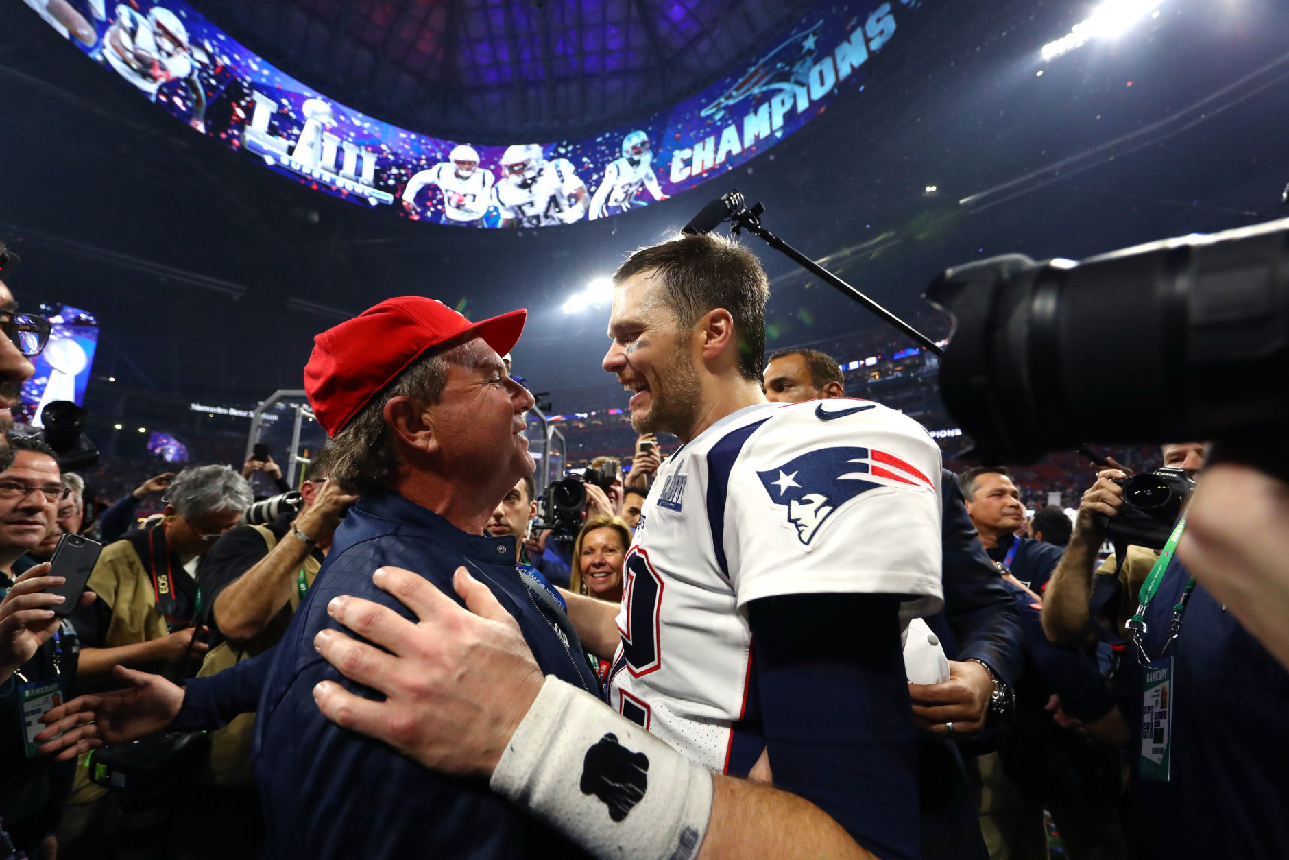 ATLANTA, GEORGIA - FEBRUARY 03:  Tom Brady #12 of the New England Patriots celebrates after his 13-3 win against Los Angeles Rams during Super Bowl LIII at Mercedes-Benz Stadium on February 03, 2019 in Atlanta, Georgia. (Photo by Maddie Meyer/Getty Images)
