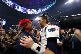 ATLANTA, GEORGIA - FEBRUARY 03:  Tom Brady #12 of the New England Patriots celebrates after his 13-3 win against Los Angeles Rams during Super Bowl LIII at Mercedes-Benz Stadium on February 03, 2019 in Atlanta, Georgia. (Photo by Maddie Meyer/Getty Images)