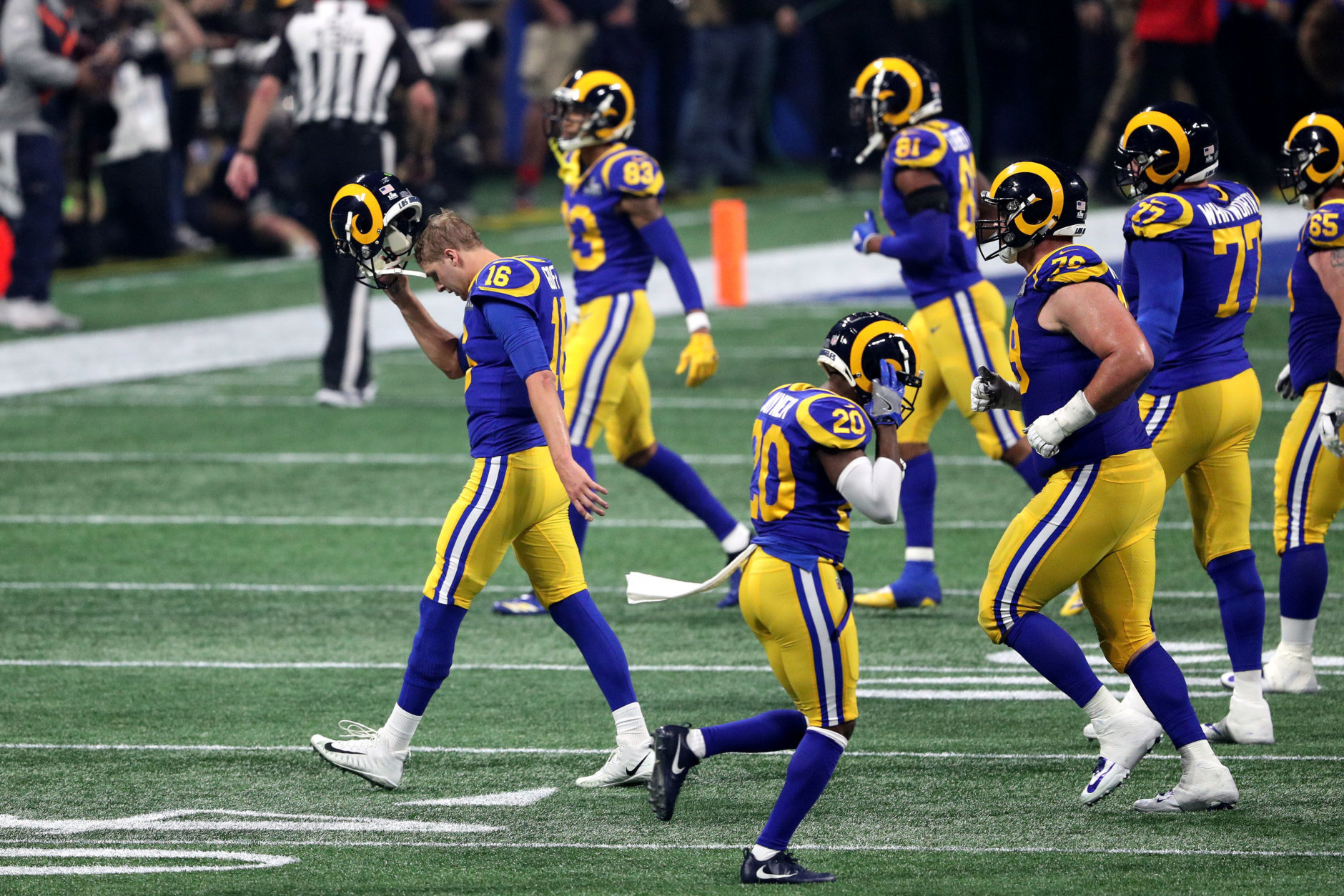ATLANTA, GEORGIA - FEBRUARY 03: Jared Goff #16 of the Los Angeles Rams reacts against the New England Patriots in the second half during Super Bowl LIII at Mercedes-Benz Stadium on February 03, 2019 in Atlanta, Georgia. (Photo by Patrick Smith/Getty Images)