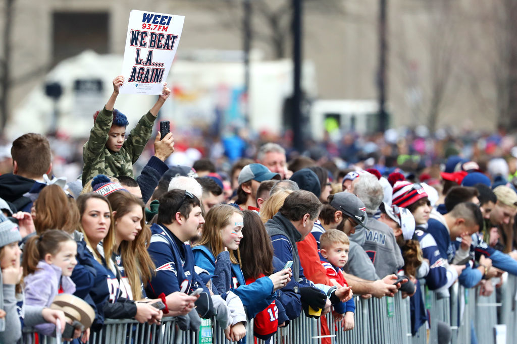 BOSTON, MASSACHUSETTS - FEBRUARY 05: Fans line Cambridge street ahead of the New England Patriots Victory Parade on February 05, 2019 in Boston, Massachusetts. (Photo by Maddie Meyer/Getty Images)