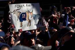 BOSTON, MASSACHUSETTS - FEBRUARY 05: A fan holds a sign to celebrate on Cambridge street during the New England Patriots Victory Parade on February 05, 2019 in Boston, Massachusetts. (Photo by Maddie Meyer/Getty Images)