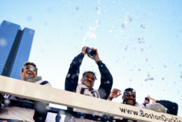 BOSTON, MASSACHUSETTS - FEBRUARY 05: Members of the New England Patriots celebrate during the Super Bowl Victory Parade on February 05, 2019 in Boston, Massachusetts. (Photo by Billie Weiss/Getty Images)