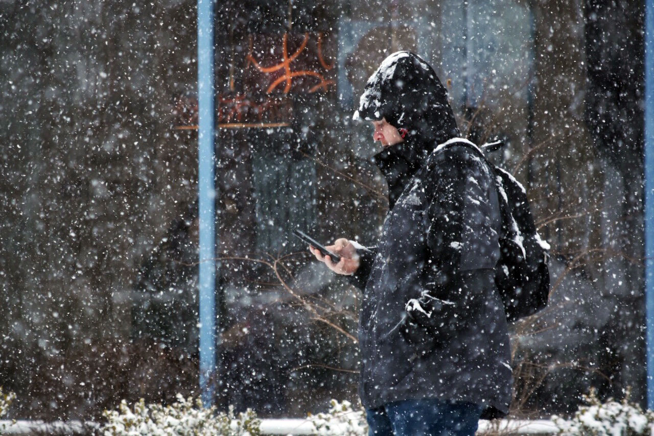A D.C. resident checks his phone during the snowstorm. (WTOP/Dave Dildine)