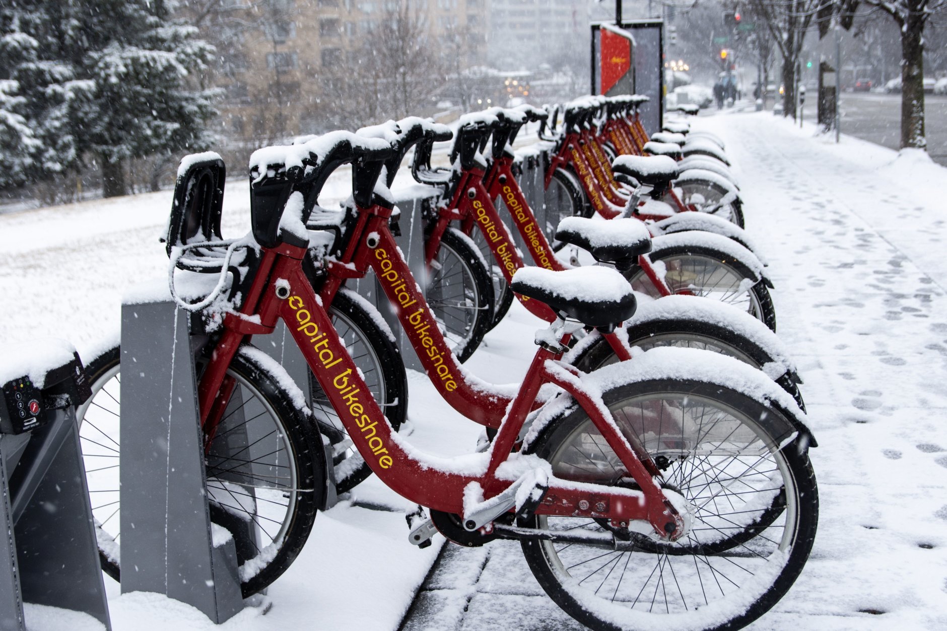 A Capital Bikeshare station near the intersection of Connecticut Avenue and Calvert Street, NW sits largely unused as heavy snow moves in on Wednesday morning. (WTOP/Alejandro Alvarez)
