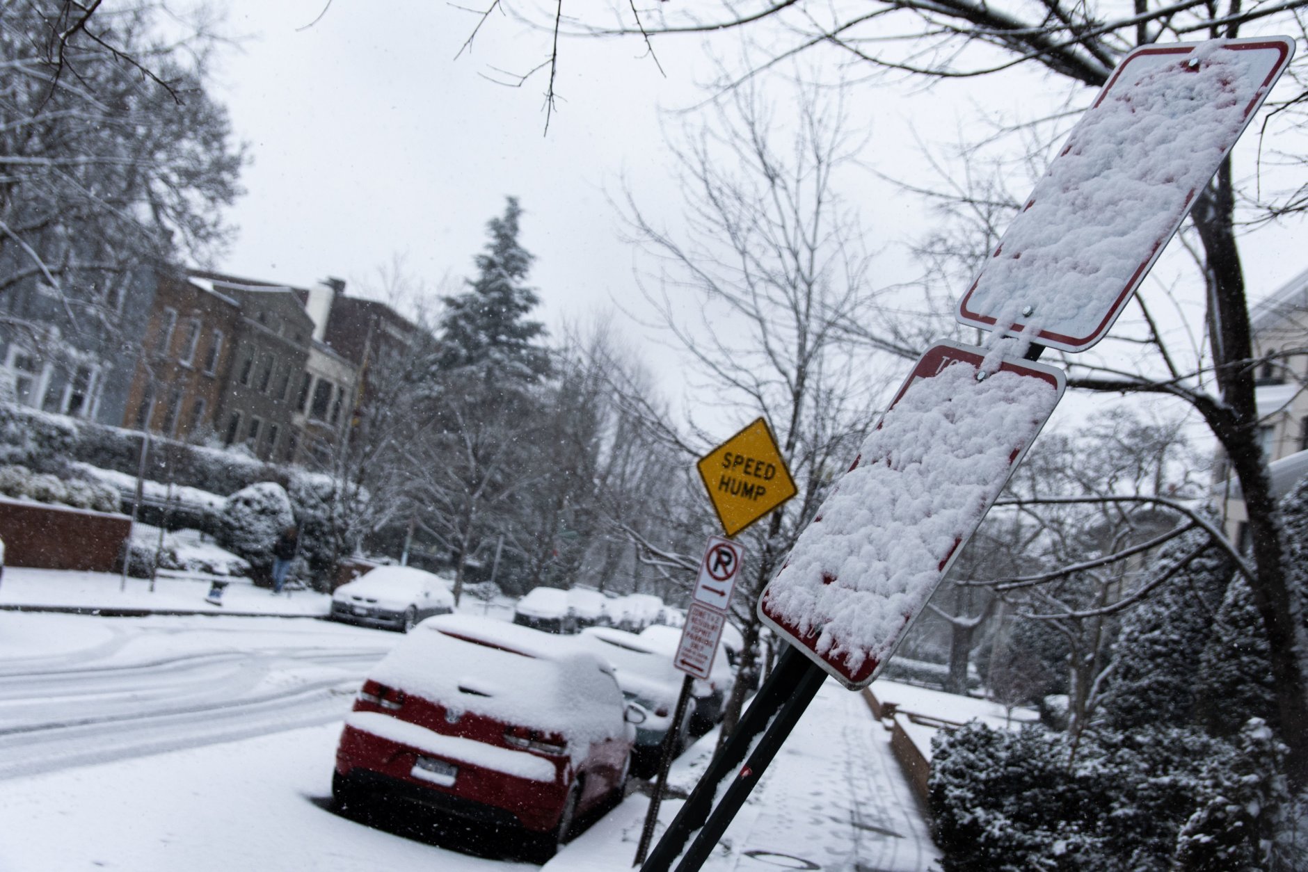 In northwest D.C.’s Kalorama Heights neighborhood, snow was sticking to roadside signs and vehicles by mid-morning Wednesday. (WTOP/Alejandro Alvarez)