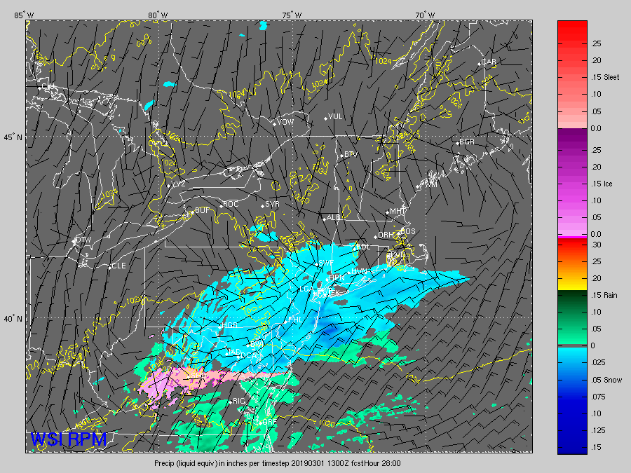 RPM computer model output from early Thursday morning showing the potential progression of the snow overnight and through the morning rush on Friday. This is a snapshot for 9 a.m. Friday. (Courtesy The Weather Company) 