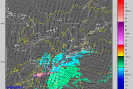 RPM computer model output from early Thursday morning showing the potential progression of the snow overnight and through the morning rush on Friday. This is a snapshot for noon Friday. (Courtesy The Weather Company)