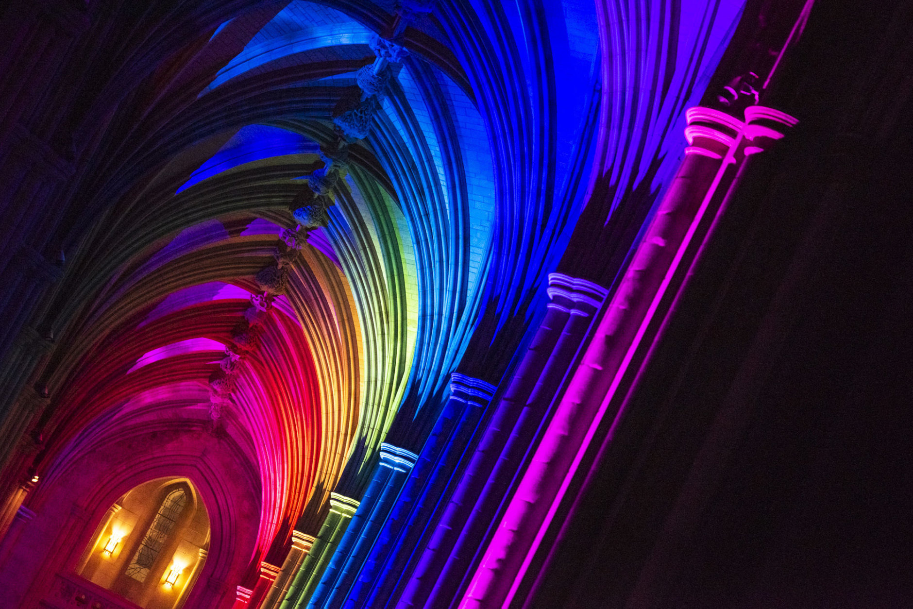 "Space, Light and Sound" bathed the Washington National Cathedral in color Monday night. (Courtesy Washington National Cathedral/Danielle E. Thomas)