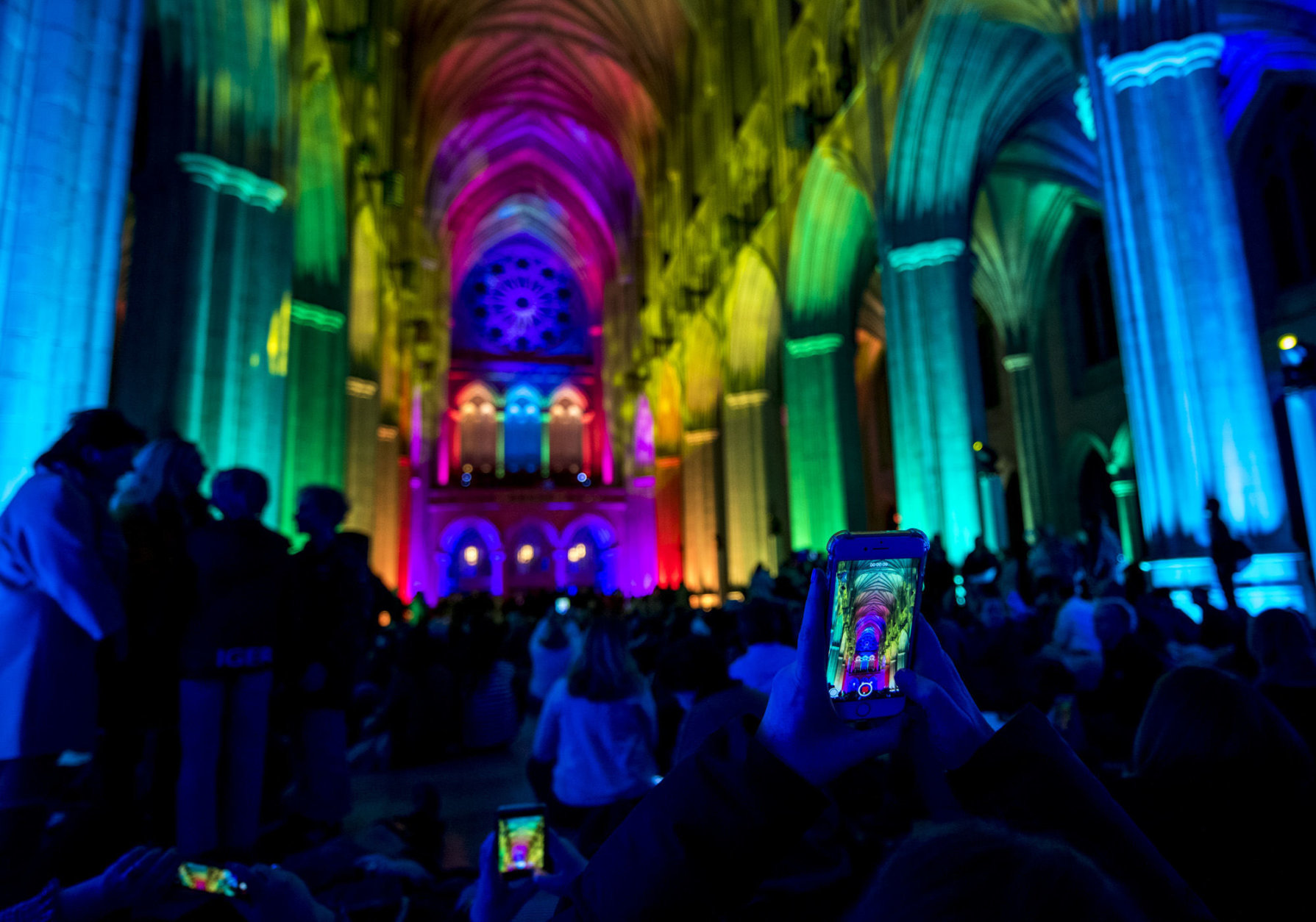 As part of "Space, Light and Sound" visitors Monday night were allowed to wander through the cathedral's vast gothic interior. (Courtesy Washington National Cathedral/Danielle E. Thomas)