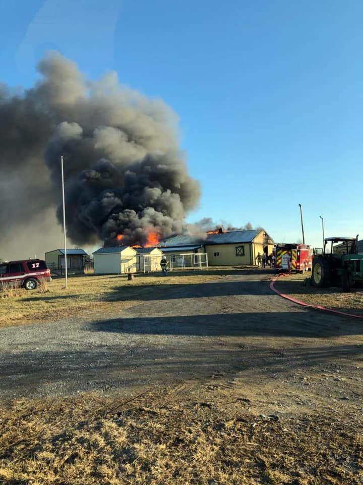 A barn catches fires in Frederick County, Maryland, on Saturday, Feb. 9, 2019. (Courtesy Frederick County Fire and Rescue/Facebook)