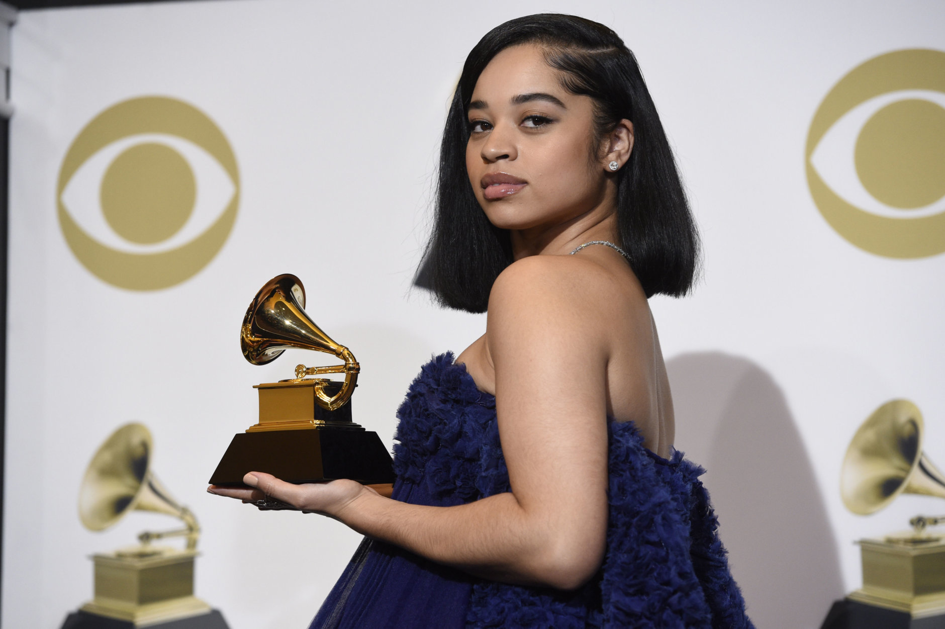 Ella Mai poses in the press room with the award for best R&amp;B song for "Boo'd Up" at the 61st annual Grammy Awards at the Staples Center on Sunday, Feb. 10, 2019, in Los Angeles. (Photo by Chris Pizzello/Invision/AP)