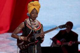 Fatoumata Diawara performs at the 61st annual Grammy Awards on Sunday, Feb. 10, 2019, in Los Angeles. (Photo by Matt Sayles/Invision/AP)