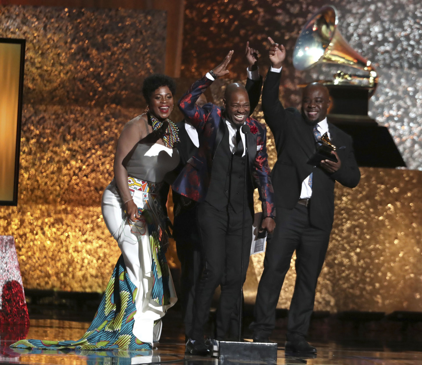 Soweto Gospel Choir accept the award for best world music album for "Freedom" at the 61st annual Grammy Awards on Sunday, Feb. 10, 2019, in Los Angeles. (Photo by Matt Sayles/Invision/AP)