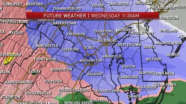 Some areas in the Shenandoah Valley may hold onto the snow a little while longer before the change to mix. (Courtesy NBC Washington)