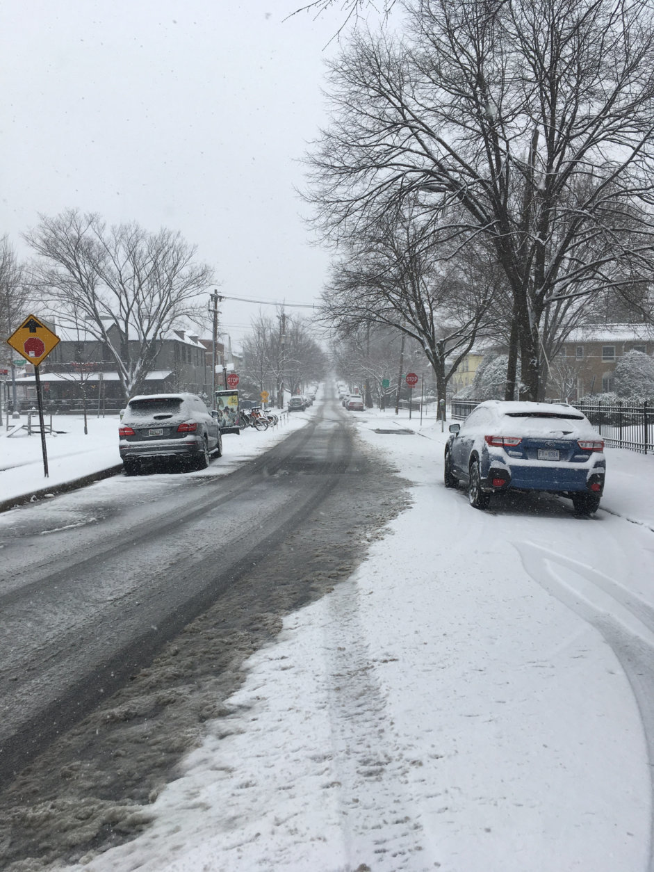 The view up 39th Street, just off Wisconsin Avenue, in Northwest D.C.just before 9 a.m. Feb. 20, 2019. (WTOP/Rick Massimo)