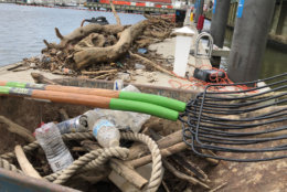 An ongoing team of volunteers, organizations and The Wharf working to clean up the channel along the Southwest waterfront in D.C. has removed enough wood and debris to fill four 30-yard dumpsters. (WTOP/Kristi King)