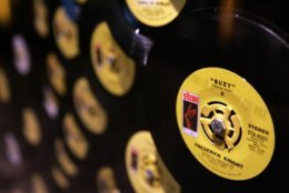 FILE - In this May 16, 2007 file photo, a display of 45 rpm records at the Stax Records museum in Memphis, Tenn. is shown. (AP Photo/Mark Humphrey, file)