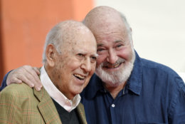 Carl Reiner, left, and his son Rob Reiner pose together following a hand and footprint ceremony for them at the TCL Chinese Theatre on Friday, April 7, 2017, in Los Angeles. (Photo by Chris Pizzello/Invision/AP)