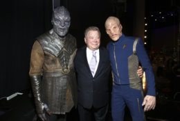 EXCLUSIVE - William Shatner, center poses backstage with a Klingon, left, and a Kelpien at night one of the Television Academy's 2018 Creative Arts Emmy Awards at the Microsoft Theater on Saturday, Sept. 8, 2018, in Los Angeles. (Photo by John Salangsang/Invision/AP)