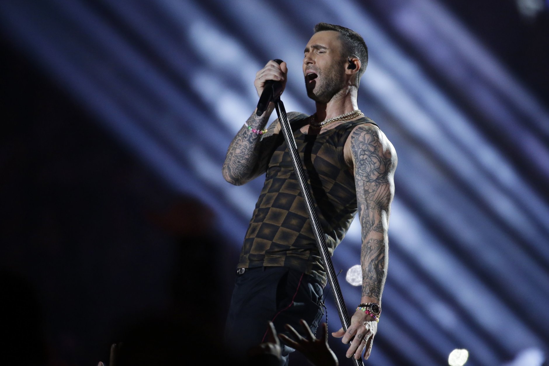 Adam Levine of Maroon 5 performs during halftime of the NFL Super Bowl 53 football game between the Los Angeles Rams and the New England Patriots Sunday, Feb. 3, 2019, in Atlanta. (AP Photo/Mark Humphrey)