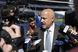 Washington Nationals general manager Mike Rizzo speaks to the media before a baseball game against the New York Mets, Thursday, March 28, 2019, in Washington. (AP Photo/Nick Wass)
