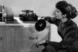 RCA Victor's new 45-RPM phonograph &amp; records. Finest Quality reproduction at low cost in history of Industry credited to new system; first single disc size for all pops and classics. Undated photo. (AP Photo)