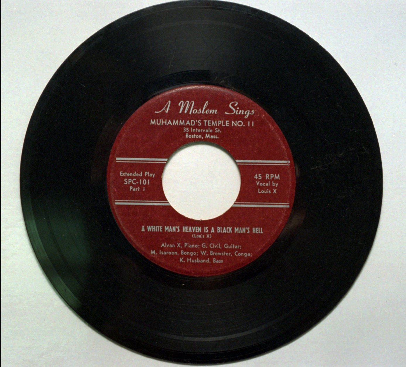 This 45 rpm record from Skippy White's record shop in Cambridge, Mass., was made by the Louis X, now better known as Louis Farrrakhan, leader of the Nation of Islam.  The song is titled "A White Man's Heaven is a Black Man's Hell." (AP Photo)