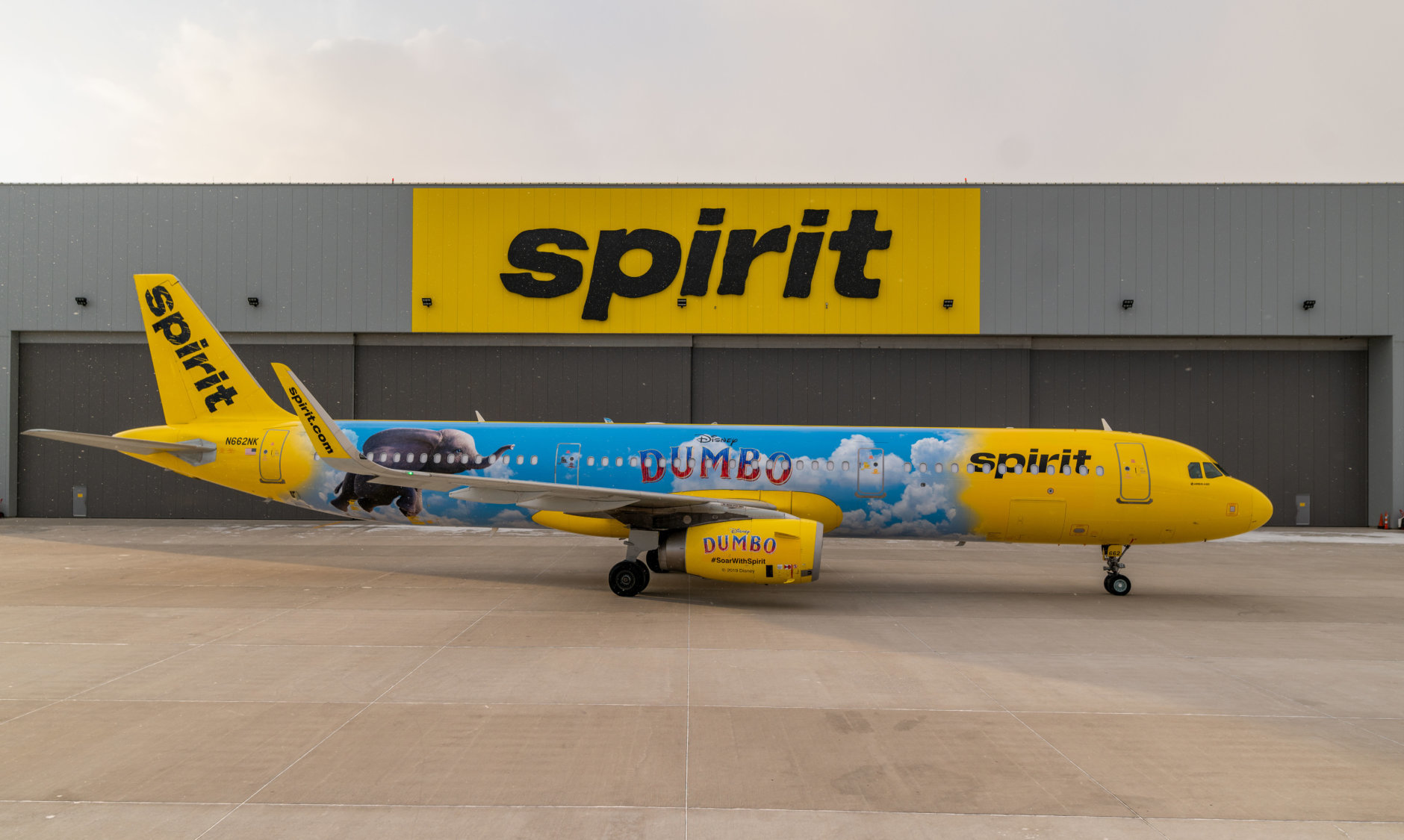 Spirit Airlines has partnered with Disney to promote its upcoming movie Dumbo with a specially-themed Airbus A321 decked out with Dumbo art from nose to tail and the plane has made a stopover at BWI Marshall. (Courtesy Spirit Airlines)