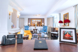 The 12-floor lobby’s transformation — in collaboration with set designers and prop masters from the show — includes the presidential Resolute desk, a presidential seal area rug, a grandfather clock, an oversize portrait of Selina and other recognizable photographs, art and decorative objects.(Courtesy Hamilton Hotel)